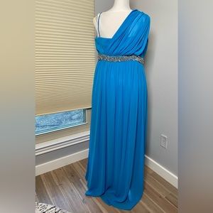 Blue floor length Grecian style dress with empire waist detail Strapless 18W